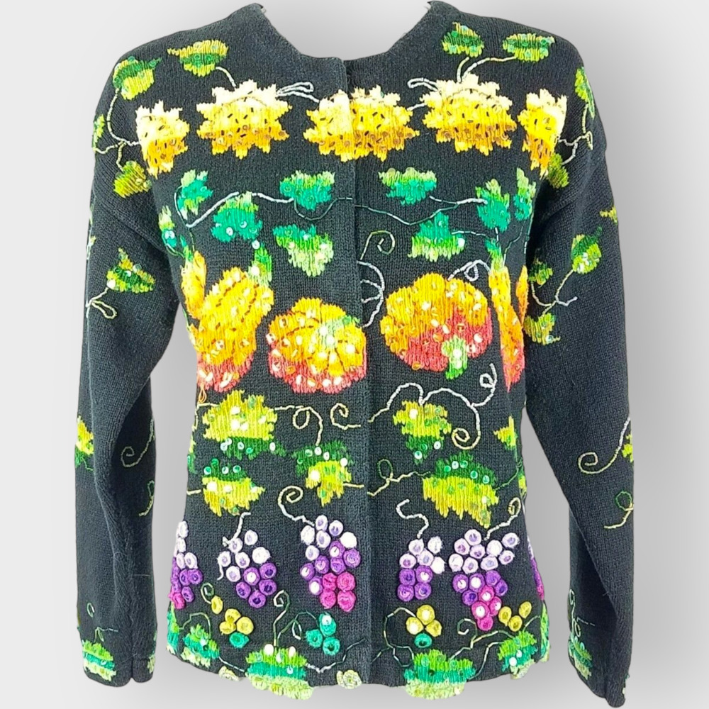 Jane's Closet Fruit Cardigan Beaded Sequins Grapes Pumpkins Cotton Ramie Size M